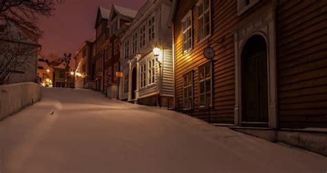 Night Town Hills House Norway Nature Street Trees Lights