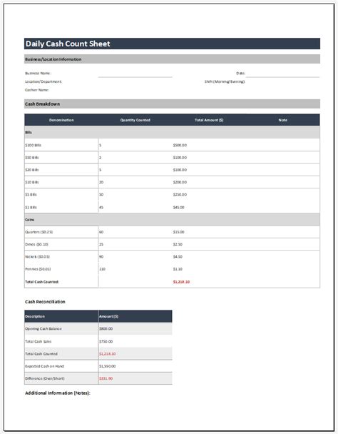 Daily Cash Count Sheet Template Download For Excel Xls