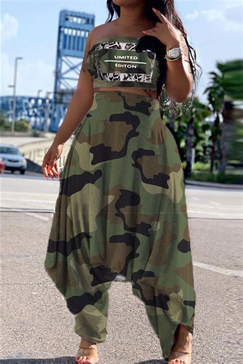 Army Green Fashion Camouflage Print Two Pieces | Print pant set ...