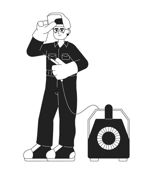 Labour welder black and white cartoon flat illustration. Welding ...