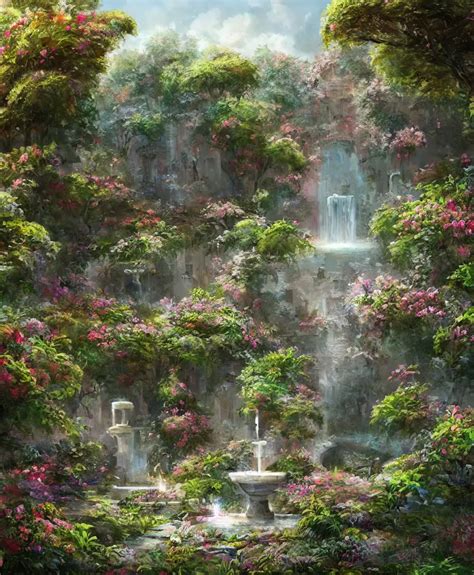 Hyperrealistic Secret Flower Garden Water Fountain Stable Diffusion