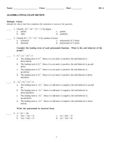 Algebra 2 Final Exam Review Quia