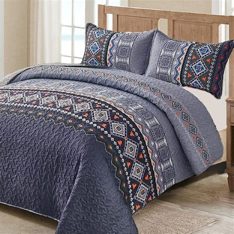 WONGS BEDDING Boho Quilt Set King Size 3 PCS Navy Blue Bedspread