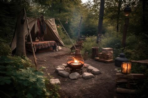 Premium Photo | Rustic campsite with lantern fire pit and cozy blankets ...