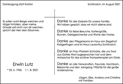 Traueranzeigen von Erwin Lutz Kreiszeitung Böblinger Bote