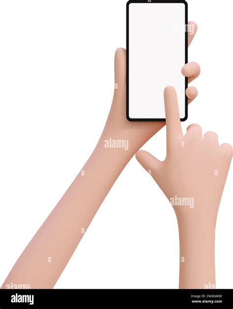 D Cute Cartoon Hand Holding Mobile Smart Phone And Finger Touching