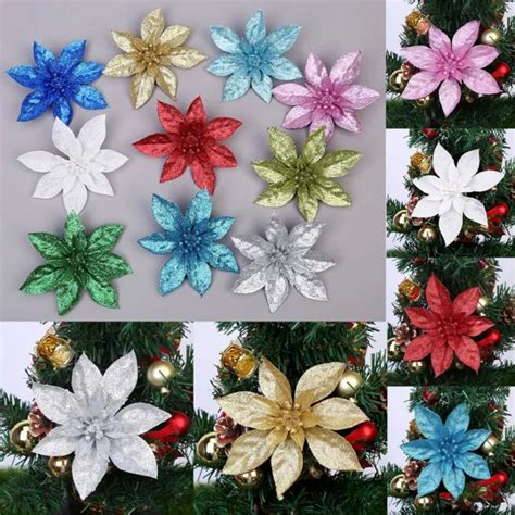 10 PI CES FLEURS De Poinsettia Paillettes Pour Arbre De No L D Coration