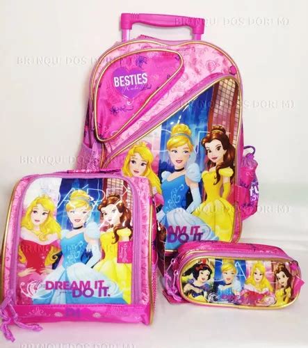 Kit Mochila Escolar Infantil De Rodinhas Princesas Parcelamento Sem Juros