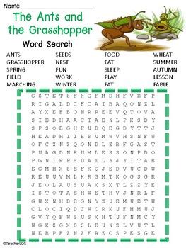 The Ants And The Grasshopper Word Search By TeacherLCG TPT