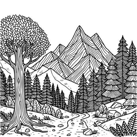 hand drawn mountain and tree coloring book illustration. black and ...