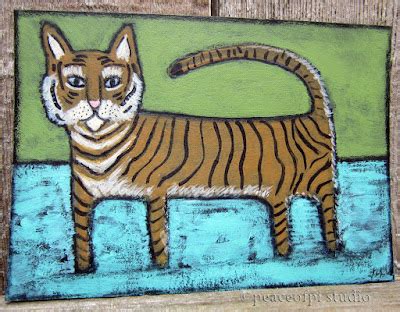 Peaceofpi Studio Tiger Cat Folk Art Aceo Painting