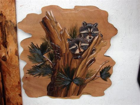 Intarsia Wood Carving Raccoons In Pine Tree Wall Decor Carved Raccoon