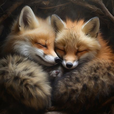 Premium AI Image | two foxes sleeping together with one being cuddling.