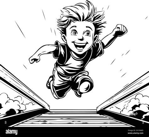 Vector Illustration Of A Boy Jumping Through The Gap In The Bridge