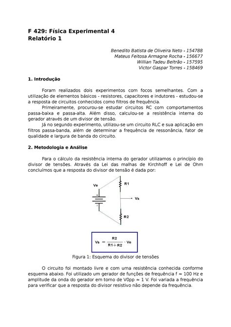 Relat Rio F F Sica Experimental Relat Rio Benedito Batista