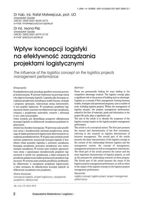 Pdf Wp Yw Koncepcji Logistyki Na Efektywno Zarz Dzania Projektami