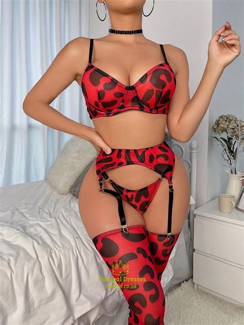 Red Ellolace Leopard Fine Lingerie With Stocking Sexy Porn Underwear