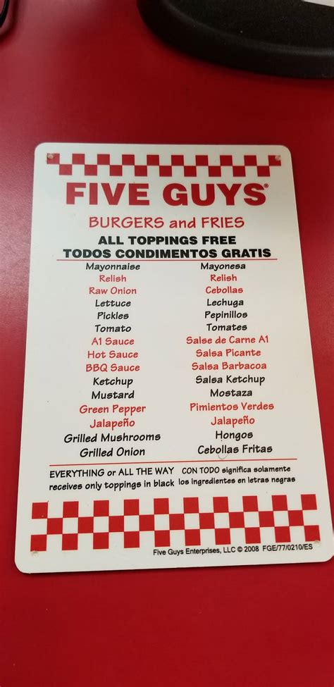 Menu At Five Guys Fast Food Sugar Land Southwest Fwy