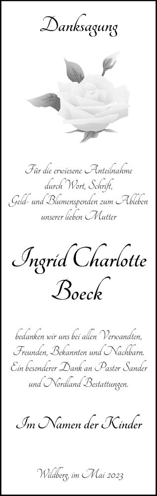 Traueranzeigen Von Ingrid Charlotte Boeck Trauer Nordkurier