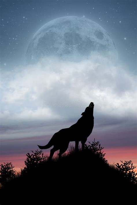 Wolf Howling at Full Moon stock illustration. Illustration of ...