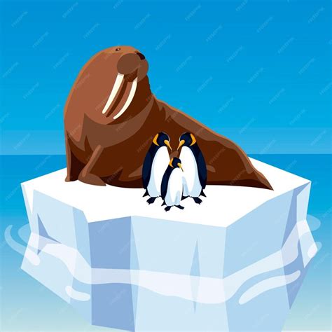 Morsa Y Pingüinos Juntos En Un Iceberg Derretido En La Ilustración Del Polo Norte Vector Premium