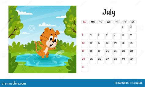 Plantilla De Página De Calendario De Escritorio Horizontal Para Julio