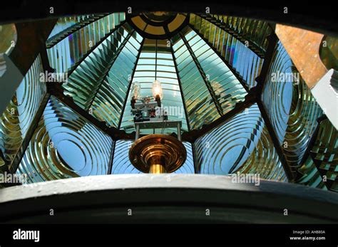 Inside The Fresnel Lens Of The Heceta Head Lighthouse Oregon Stock