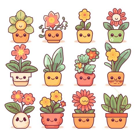 Premium Photo A Set Of Cute Cartoon Potted Plants With Faces And Eyes