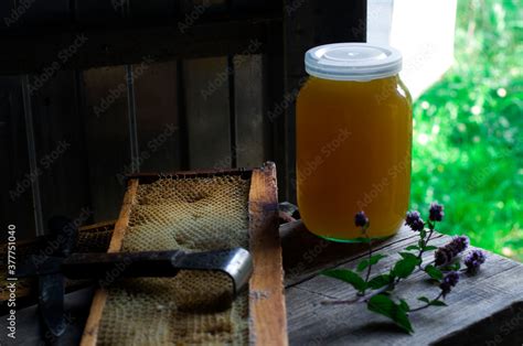 Jar Of Honey Honey And Honeycombs In The Apiary Beekeepers Workshop