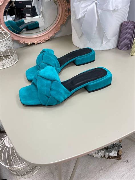 Яркие Женские Шлепки Замшевые Бирюзовые, Зеленые Шлепки с Косами на ...