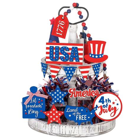 Holloyiver 15 Pcs Of 4th Of July Tiered Tray Decor Set Patriotic