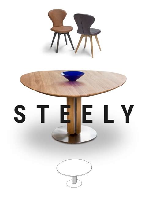 Three Chairs And A Table With The Word Steelly On It In Front Of Them