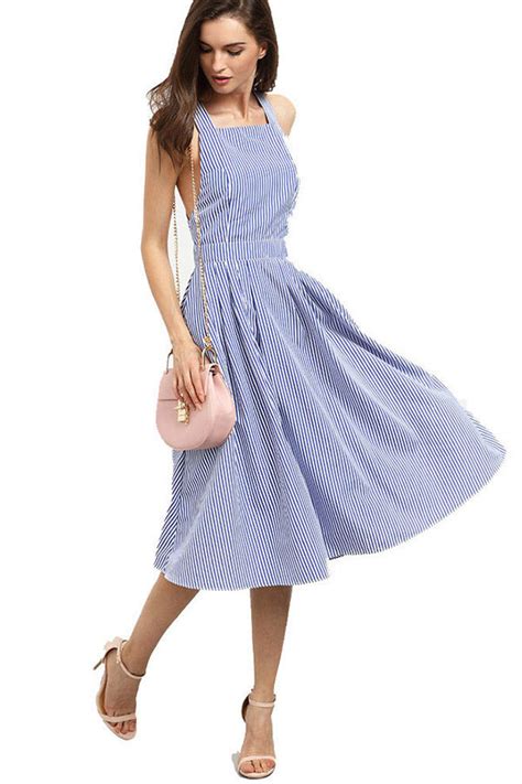 Blue And White Striped Skater Dress With Sleeveless Design Striped