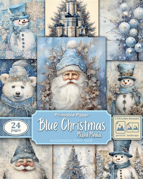 Blue Christmas Junk Journal Kit Mixed Media Digital Papers Blue