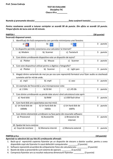 Academiaabc Tic Test De Evaluare Clasa A Ix A