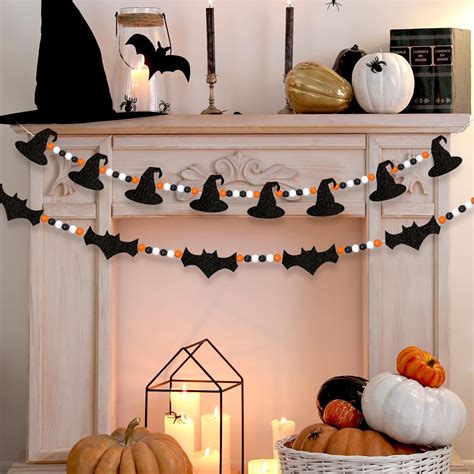 Pcs Halloween Felt Bats Witch And Wood Beads Garland Halloween Mantle