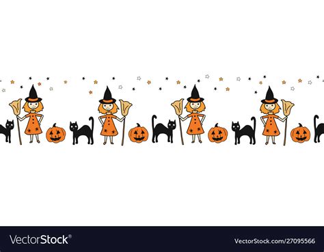 Halloween Seamless Border Witch Black Cat Vector Image