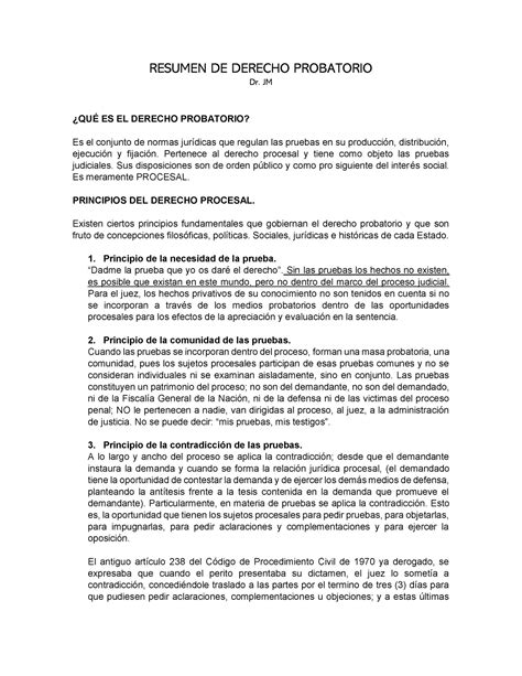 Resumen De Derecho Probatorio Resumen De Derecho Probatorio Dr Jm Es