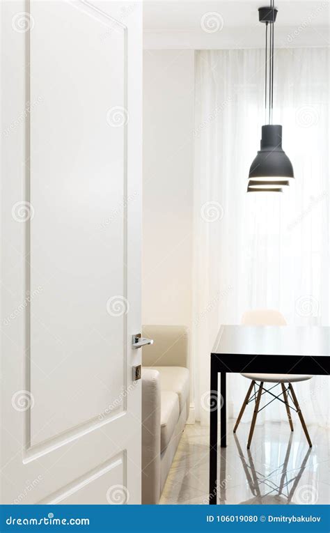 Open The White Door Into The Room Modern And Bright Interior Stock