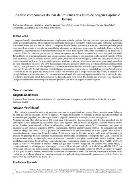 PDF Analise comparativa do teor de Proteínas dos leites de