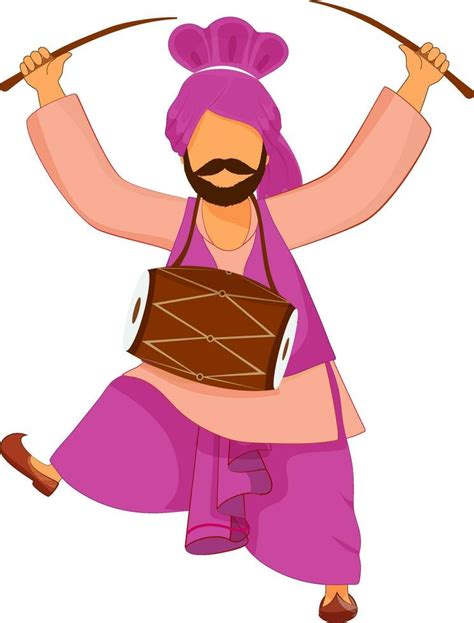 Cartoon Punjabi Man Playing Dhol In Bhangra Dance Over White Background