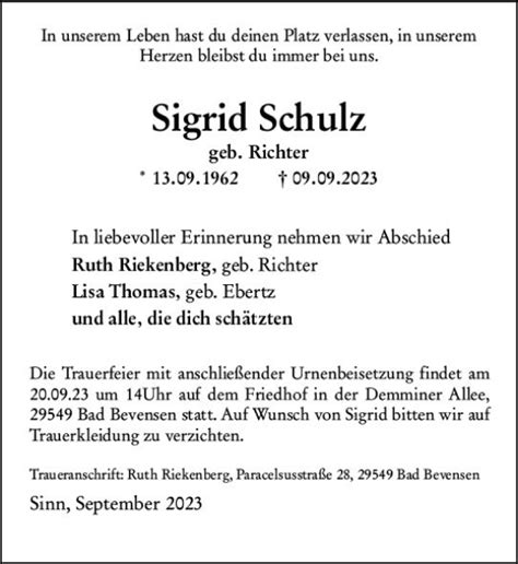 Traueranzeigen Von Sigrid Schulz Vrm Trauer De