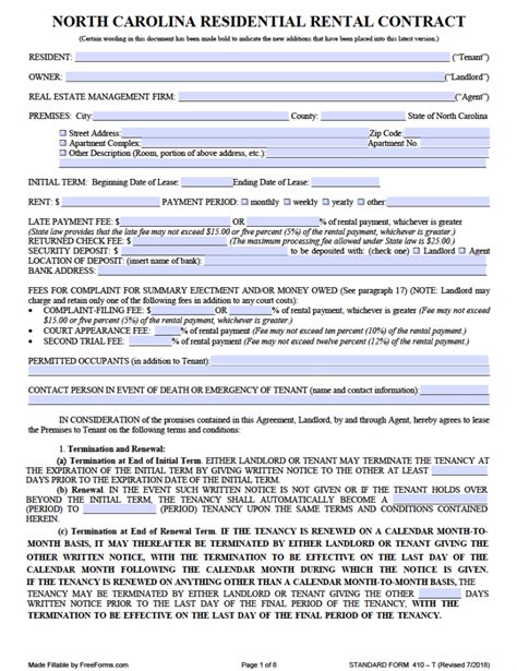 Free North Carolina Standard Residential Lease Agreement Template Pdf