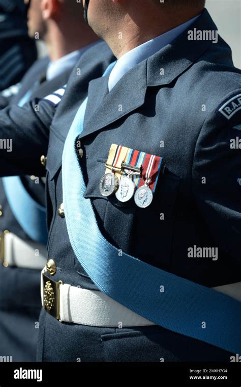 Uniform detail as an RAF Regiment Gunner marches on parade Stock Photo ...