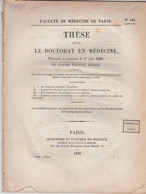 Faculté De Médecine De Paris Thèse Pour Le Doctorat En Médecine