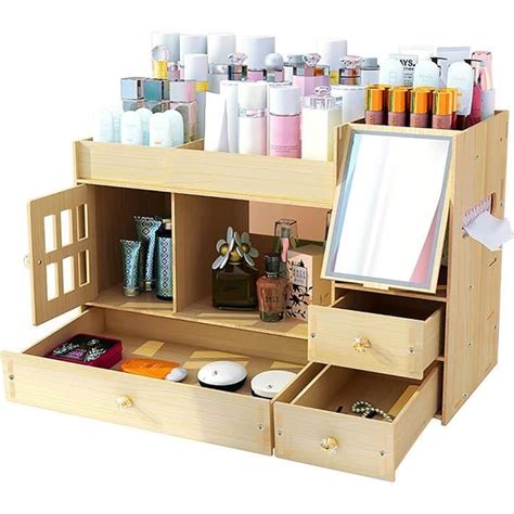 Organisateur De Maquillage En Bois Avec Tiroirs Et Miroir Rangement