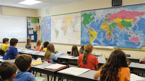 Classroom where student learning about global economics map chart ...