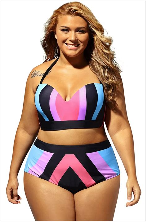 2018 Plus Size Strapped Color Splice Two Piece Swimwear Sexy Bikinis