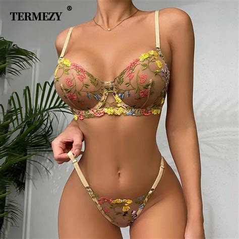 Termezy Sexy Lingerie Set Floral Transparent Lace Bra Panties Brassiere