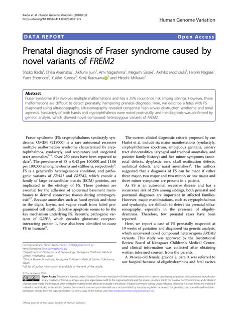 Pdf Prenatal Diagnosis Of Fraser Syndrome Caused By Novel Variants Of Frem2